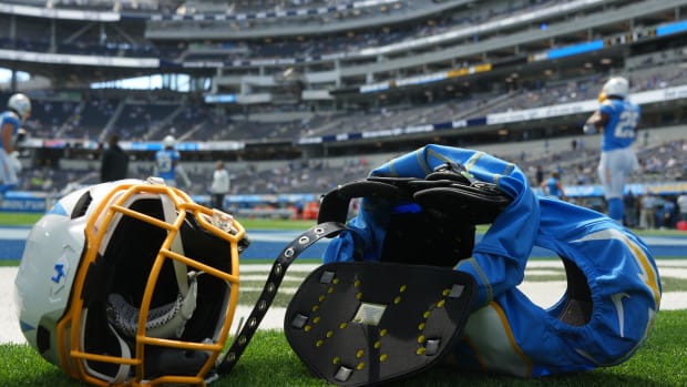 Sep 25, 2022; Inglewood, California, USA; The helmet, jersey and shoulder pads of Los Angeles Chargers linebacker Joey Bosa (97) on the field during the game against the Jacksonville Jaguars at SoFi Stadium. Mandatory Credit: Kirby Lee-USA TODAY Sports