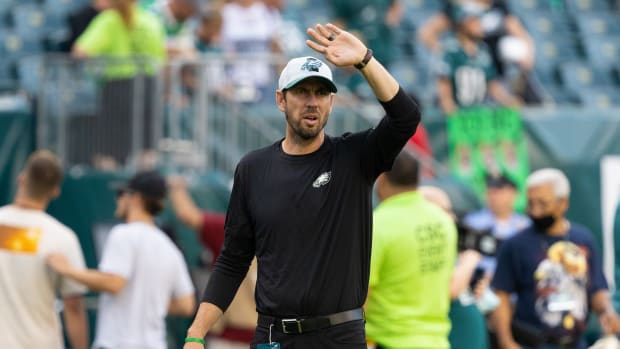 Aug 19, 2021; Philadelphia, Pennsylvania, USA; Philadelphia Eagles offensive coordinator Shane Steichen before action against the New England Patriots at Lincoln Financial Field.