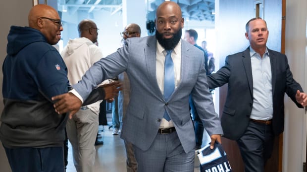 Tennessee Titans new general manager Ran Carthon leaves his introductory press conference at Ascension Saint Thomas Sports Park Friday, Jan. 20, 2023, in Nashville, Tenn.