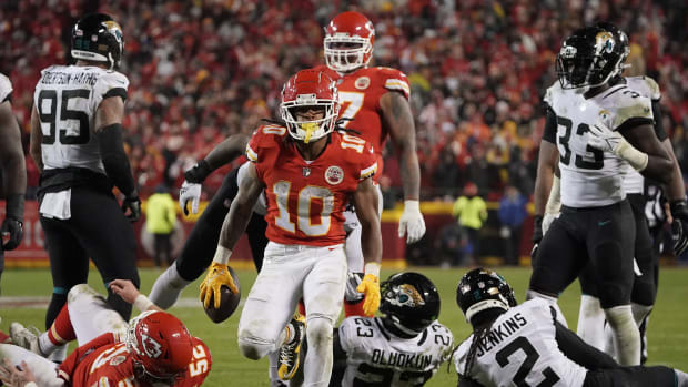 Jan 21, 2023; Kansas City, Missouri, USA; Kansas City Chiefs running back Isiah Pacheco (10) reacts after running the ball against the Jacksonville Jaguars during the second half in the AFC divisional round game at GEHA Field at Arrowhead Stadium. Mandatory Credit: Denny Medley-USA TODAY Sports