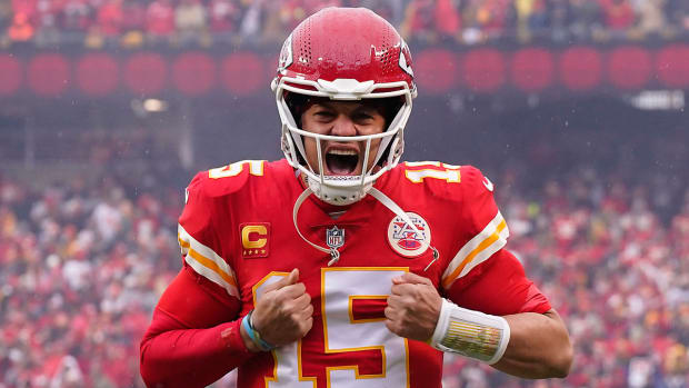 Chiefs quarterback Patrick Mahomes gets hyped up before the divisional game vs. the Jaguars.