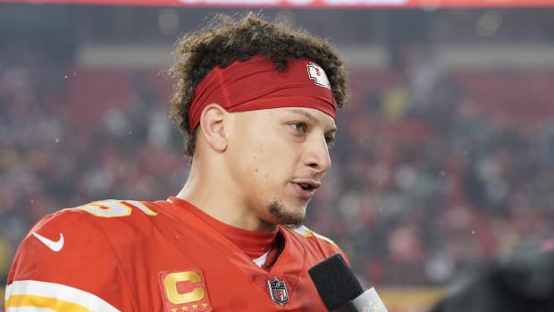 Jan 21, 2023; Kansas City, Missouri, USA; Kansas City Chiefs quarterback Patrick Mahomes (15) following the victory against the Jacksonville Jaguars in the AFC divisional round game at GEHA Field at Arrowhead Stadium. Mandatory Credit: Denny Medley-USA TODAY Sports