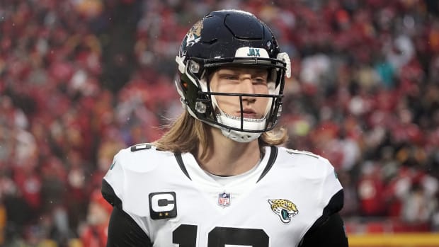Jan 21, 2023; Kansas City, Missouri, USA; Jacksonville Jaguars quarterback Trevor Lawrence (16) reacts during the second half in the AFC divisional round game at GEHA Field at Arrowhead Stadium.