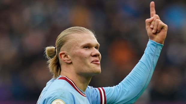 Erling Haaland pictured after scoring his 23rd Premier League goal for Manchester City in January 2023