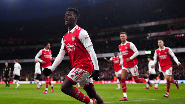 Eddie Nketiah celebrates a goal for Arsenal.