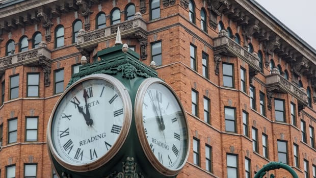 A clock and ornate facades stand out in downtown Reading. 012923 pmk Berks County GOP