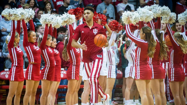 Indiana's Trayce Jackson-Davis (23) leads the Hoosiers onto the floor before the first half of the Indiana versus Michigan State on Sunday.