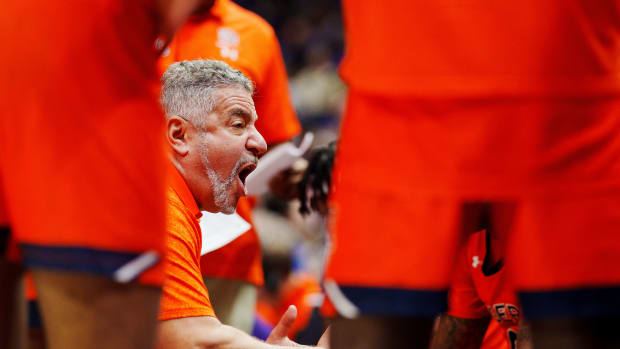 Jan 18, 2023; Baton Rouge, Louisiana, USA; Auburn Tigers head coach Bruce Pearl talks to his team during a time out during the second half against the LSU Tigers at Pete Maravich Assembly Center. Mandatory Credit: Andrew Wevers-USA TODAY Sports
