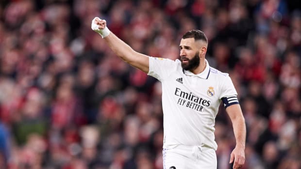 Karim Benzema pictured celebrating after scoring his 228th La Liga goal for Real Madrid in a 2-0 win at Athletic Bilbao in January 2023