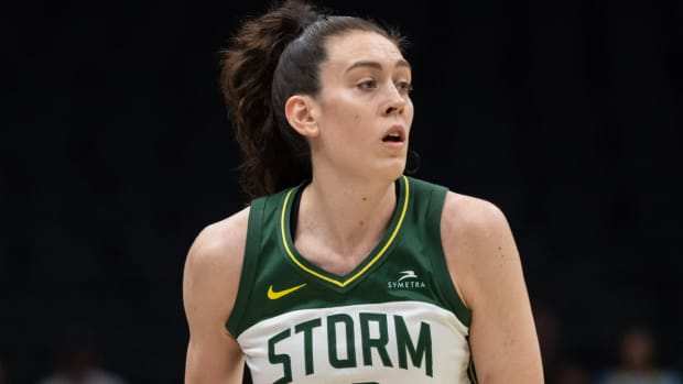 Storm forward Breanna Stewart dribbles the ball during a game in 2022.