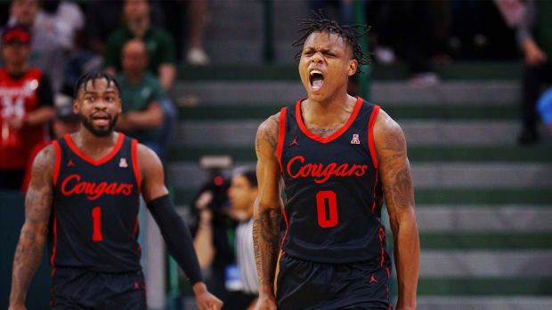 Jan 17, 2023; New Orleans, Louisiana, USA; Houston Cougars guard Marcus Sasser (0) reacts to a play against the Tulane Green Wave during the second half at Avron B. Fogelman Arena in Devlin Fieldhouse.