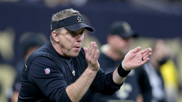 Jan 2, 2022; New Orleans, Louisiana, USA; New Orleans Saints head coach Sean Payton claps during pregame warm ups before their game against the Carolina Panthers at the Caesars Superdome.