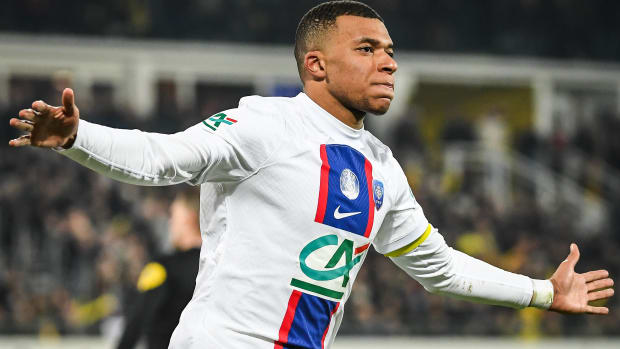 Kylian Mbappe pictured celebrating one of his FIVE goals during PSG's 7-0 win over US Pays de Cassel in the 2022/23 Coupe de France
