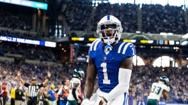 Nov 20, 2022; Indianapolis, Indiana, USA; Indianapolis Colts wide receiver Parris Campbell (1) celebrates his catch in the second half against the Philadelphia Eagles at Lucas Oil Stadium.