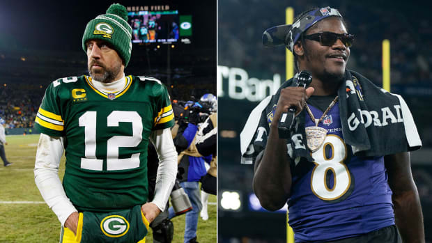 Separate photos of Aaron Rodgers and Lamar Jackson
