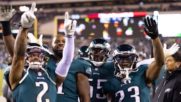 Jan 21, 2023; Philadelphia, Pennsylvania, USA; The Philadelphia Eagles celebrate after defeating the New York Giants during an NFC divisional round game at Lincoln Financial Field.