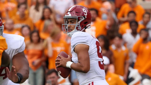 Oct 15, 2022; Knoxville, Tennessee, USA; Alabama Crimson Tide quarterback Bryce Young (9) looks to pass the ball against the Tennessee Volunteers during the first quarter at Neyland Stadium.