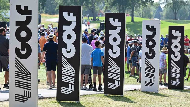LIV Golf signs are pictured at a 2022 event.
