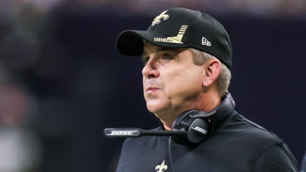 Former Saints coach Sean Payton stands on the sidelines during a game in 2021.