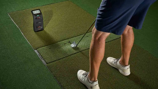 Bushnell Golf's Launch Pro is shown with a golfer hitting a wedge.