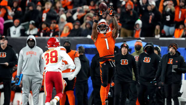 Dec 4, 2022; Cincinnati, Ohio, USA; Cincinnati Bengals wide receiver Ja’Marr Chase (1) catches a pass along the sideline as Kansas City Chiefs cornerback L’Jarius Sneed (38) defends in the third quarter of a Week 13 NFL game at Paycor Stadium.