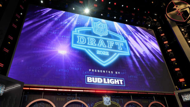 Apr 28, 2022; Las Vegas, NV, USA; The 2022 NFL Draft logo is displayed during the first round of the 2022 NFL Draft at the NFL Draft Theater.