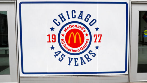 Signage outside the Arena with the McDonalds 45th Anniversary logo is seen before the 2022 McDonalds High School All American Girls Game at Wintrust Arena.