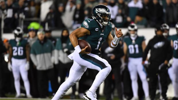 Jan 21, 2023; Philadelphia, Pennsylvania, USA; Philadelphia Eagles quarterback Jalen Hurts (1) runs the with football during the first quarter against the New York Giants during an NFC divisional round game at Lincoln Financial Field.