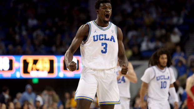 Jan 12, 2023; Los Angeles, California, USA; UCLA Bruins forward Adem Bona (3) reacts after a dunk during the first half against the Utah Utes at Pauley Pavilion presented by Wescom. Mandatory Credit: Kiyoshi Mio-USA TODAY Sports