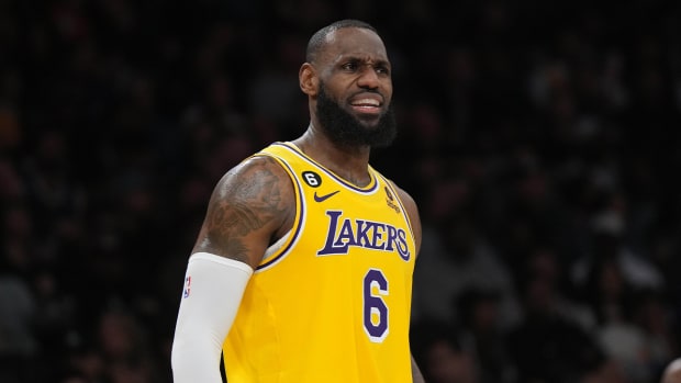 Jan 25, 2023; Los Angeles, California, USA; Los Angeles Lakers forward LeBron James (6) reacts against the San Antonio Spurs in the second half at Crypto.com Arena. The Lakers defeated the Spurs 113-104.