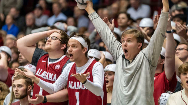 Alabama Crimson Tide fans react to a call during the first half against Mississippi State Bulldogs at Coleman Coliseum.