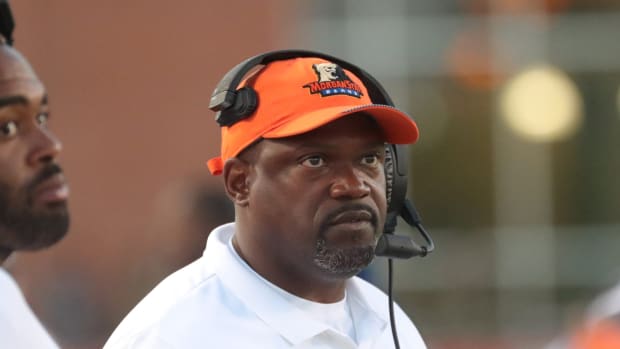Morgan State Bears head coach Tyrone Wheatley on the sidelines during action against the Bowling Green Falcons Thursday August 29, 2019 at Doyt L. Perry Stadium in Bowling Green, Ohio. Bowling Green