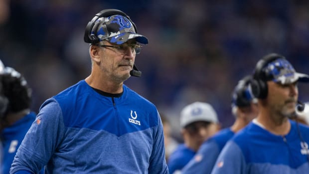 Aug 20, 2022; Indianapolis, Indiana, USA; Indianapolis Colts head coach Frank Reich in the second half against the Detroit Lions at Lucas Oil Stadium.
