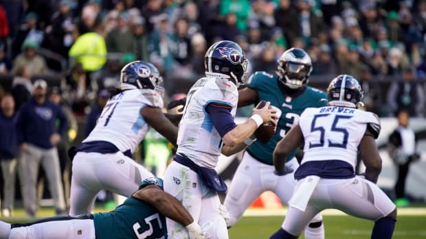 Tennessee Titans quarterback Ryan Tannehill (17) is sacked by Philadelphia Eagles defensive end Brandon Graham (55) during the third quarter at Lincoln Financial Field Sunday, Dec. 4, 2022, in Philadelphia, Pa.