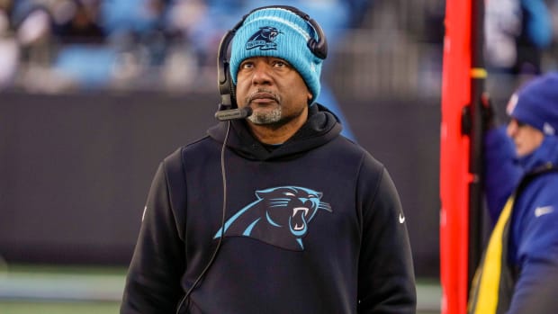 Panthers interim head coach Steve Wilks watches his offense during the second half of a game against the Lions.