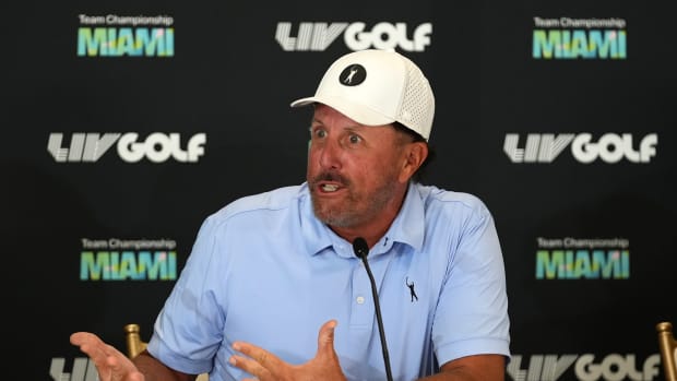 Phil Mickelson speaks to the media during a press conference before the LIV Golf series at Trump National Doral.