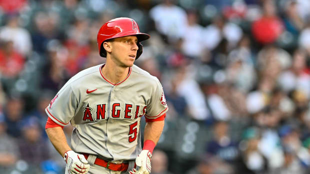 Jun 16, 2022; Seattle, Washington, USA; Los Angeles Angels second baseman Matt Duffy (5) runs towards first base during the game against the Seattle Mariners at T-Mobile Park. Los Angeles defeated Seattle 4-1. Mandatory Credit: Steven Bisig-USA TODAY Sports
