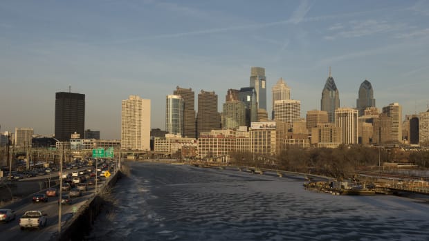 A view of the Philadelphia skyline and the Schuylkill River.