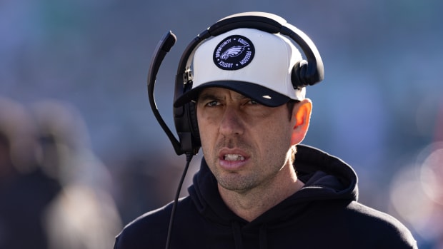 Jan 1, 2023; Philadelphia, Pennsylvania, USA; Philadelphia Eagles offensive coordinator Shane Steichen looks on during the first quarter against the New Orleans Saints at Lincoln Financial Field.