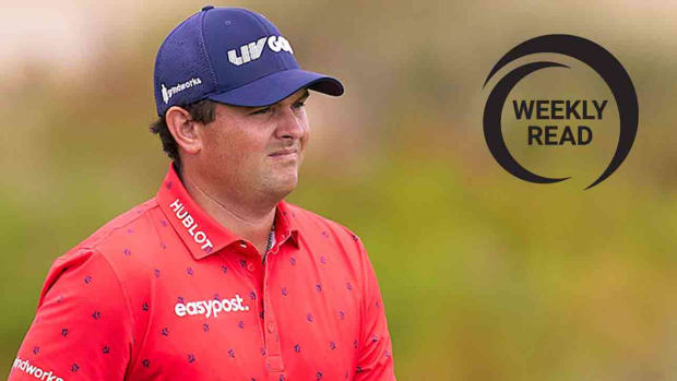 Patrick Reed is pictured at the 2023 Hero Dubai Desert Classic alongside the Weekly Read logo.