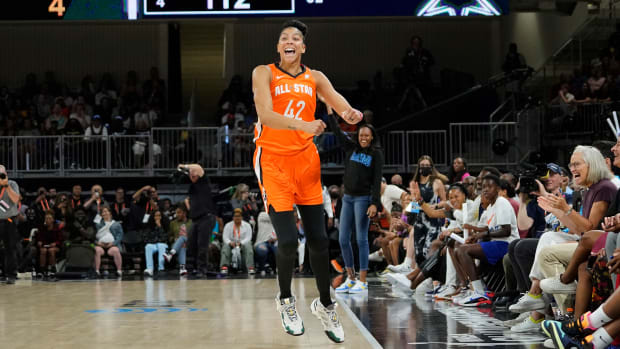 forward Candace Parker celebrates during the second half in a WNBA All Star Game