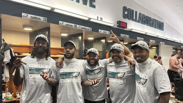 Eagles RB crew that is going to Super Bowl. From left to right: Trey Sermon, Miles Sanders, Boston Scott, coach Jemal Singleton, and Kenny Gainwell