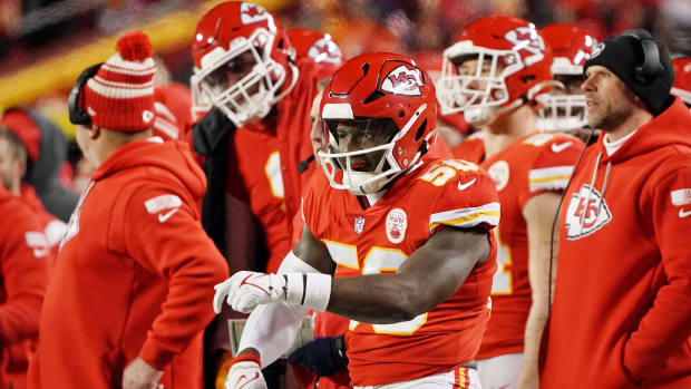 Jan 29, 2023; Kansas City, Missouri, USA; Kansas City Chiefs linebacker Willie Gay (50) reacts after a play against the Cincinnati Bengals during the second quarter of the AFC Championship game at GEHA Field at Arrowhead Stadium. Mandatory Credit: Denny Medley-USA TODAY Sports