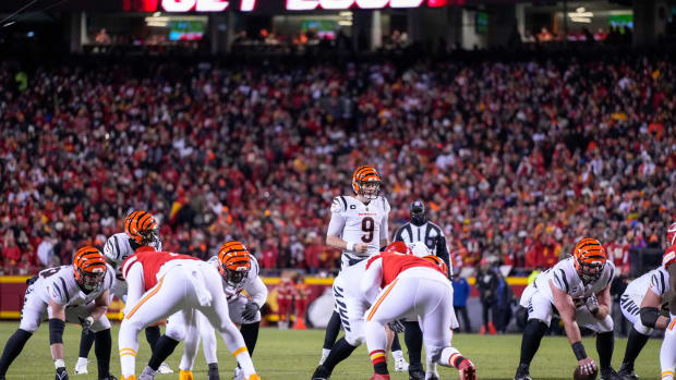 Kansas City Chiefs make noise as Cincinnati Bengals quarterback Joe Burrow (9) prepares for a snap in the second quarter of the AFC championship NFL game between the Cincinnati Bengals and the Kansas City Chiefs, Sunday, Jan. 29, 2023, at Arrowhead Stadium in Kansas City, Mo. The Chiefs led 13-6 at halftime. Cincinnati Bengals At Kansas City Chiefs Afc Championship Jan 29 045