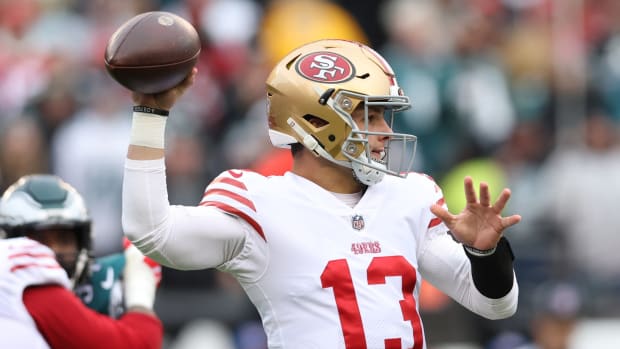 San Francisco quarterback Brock Purdy injured his elbow in the first quarter against the Eagles in the NFC championship.