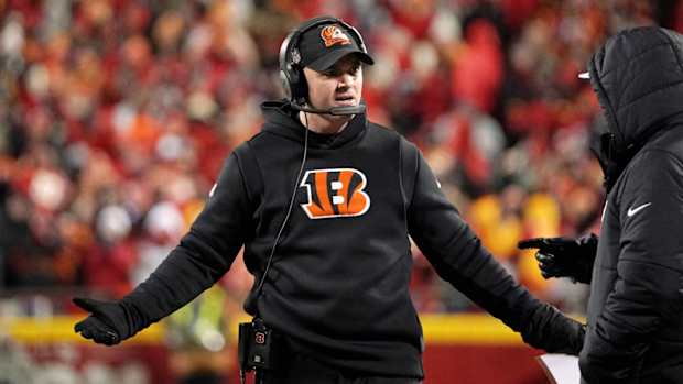 Jan 29, 2023; Kansas City, Missouri, USA; Cincinnati Bengals head coach Zac Taylor reacts after a play against the Kansas City Chiefs during the third quarter of the AFC Championship game at GEHA Field at Arrowhead Stadium.