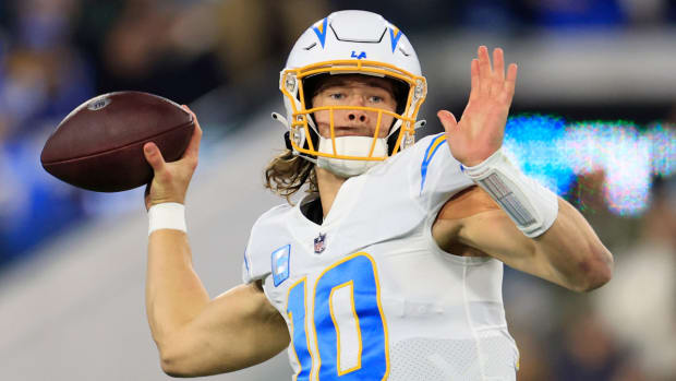 Chargers quarterback Justin Herbert throws a pass during the wild-card matchup vs. the Jaguars.