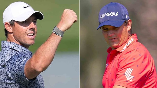 Rory McIlroy and Patrick Reed are pictured at the 2023 Dubai Desert Classic.