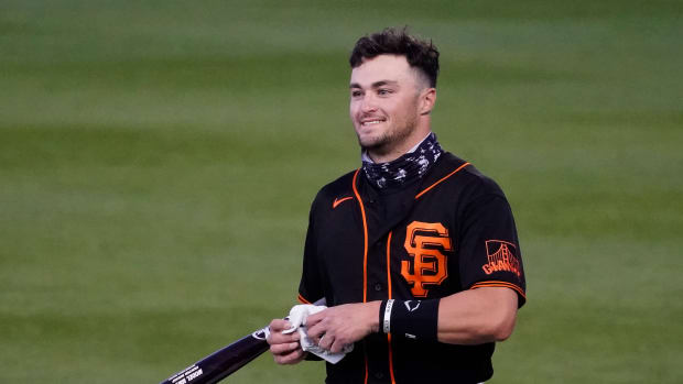 SF Giants Hunter Bishop gets ready for a spring training game against the Los Angeles Dodgers. (2021)
