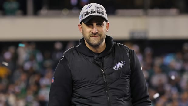 Eagles head coach Nick Sirianni smiles after a win over the 49ers in the NFC championship.